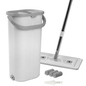 Mop and Bucket with Wringer Set, Wet & Dry Use, Flat Mop and Bucket System with 3 Washable Microfiber Pads, Flat Mop with Stainless Steel Handle