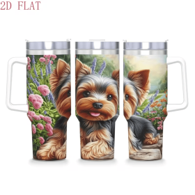 1pc 2D Flat Printed Yorkshire Terrier Tumbler, Stainless Steel Car Cup with Pastoral Floral Design, Cute Pet Style Water Bottle for Dog Lovers