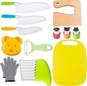 8 Pcs Wooden Kitchen Knife Set for Kids - Includes Safe Knives, Serrated Plastic Knives, Potato Slicers, Sandwich Cutter, Peeler and Cutting Board (size: 13 pieces)